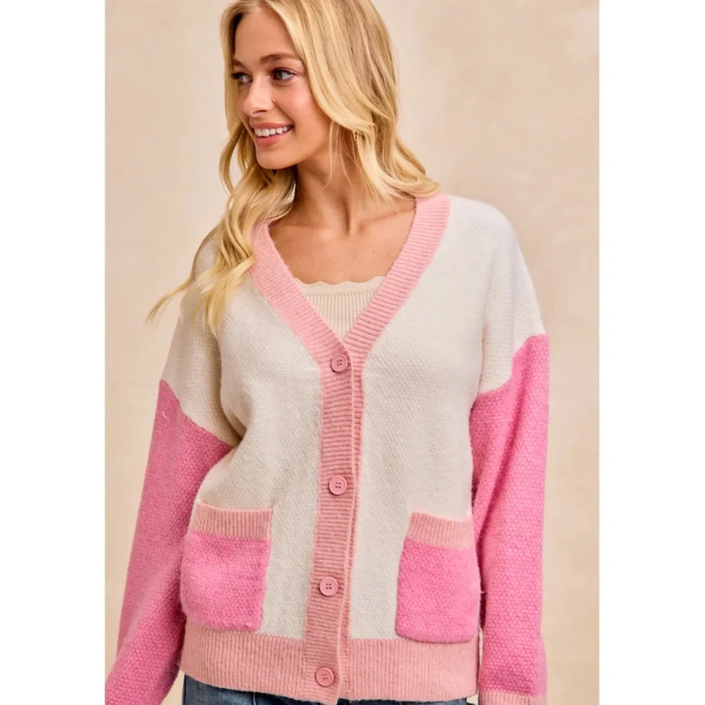 🌹 “The Liza" Pink Color Block Button Front Cardigan - Picture 2 of 3